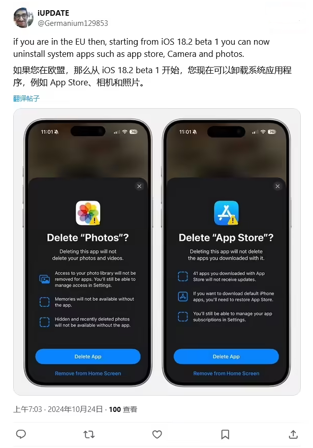 王益苹果手机维修分享iOS 18.2 支持删除 App Store 应用商店 